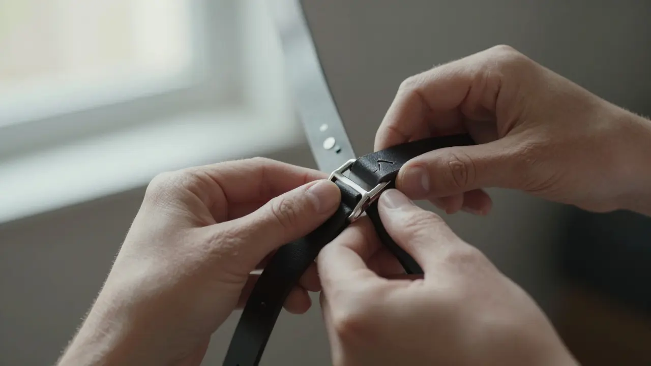 Hands gently adjusting a leather harness with care and precision.