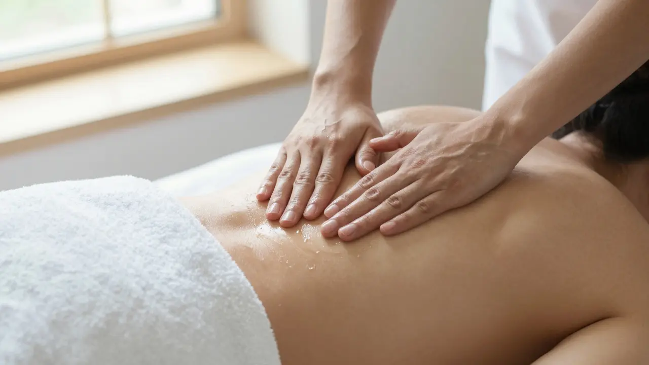 Hands gently applying oil to a back covered by a towel during a massage.