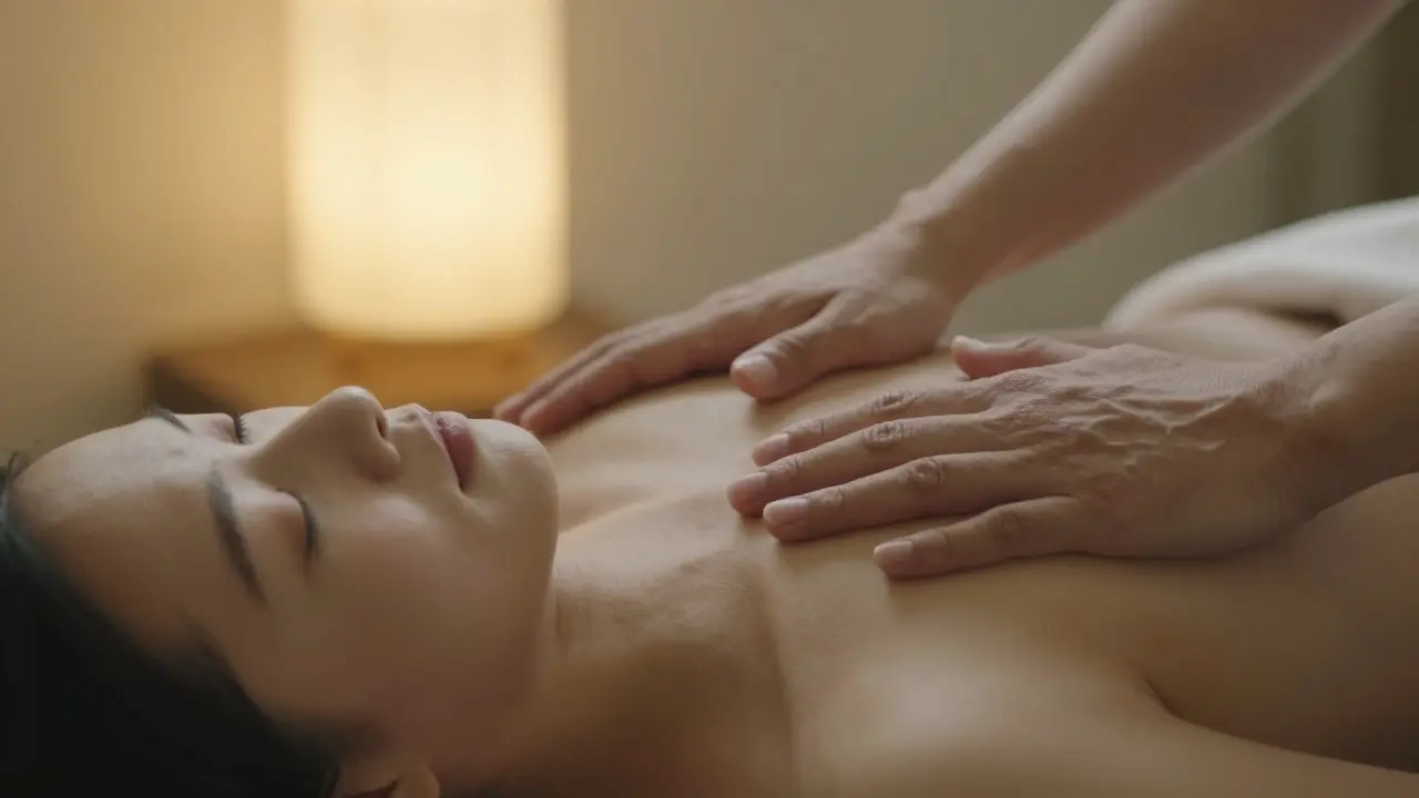 Hands gently on a back as someone breathes deeply, eyes closed in peaceful relaxation.