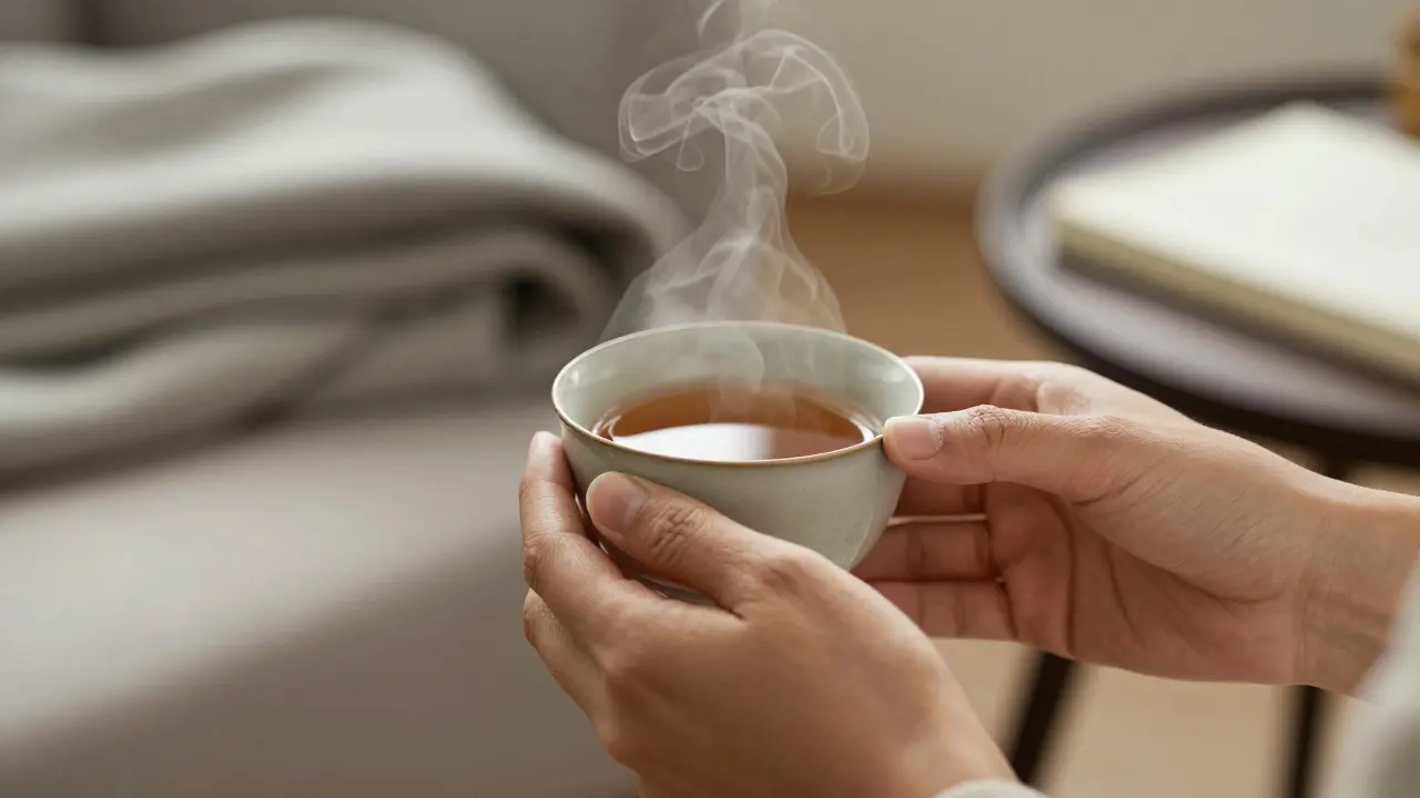 Hands holding a warm cup of tea in natural light, peaceful and intimate moment.