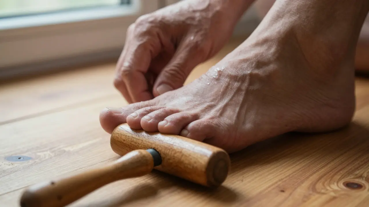 Hands using a wooden roller on the arch of a bare foot with natural lighting.