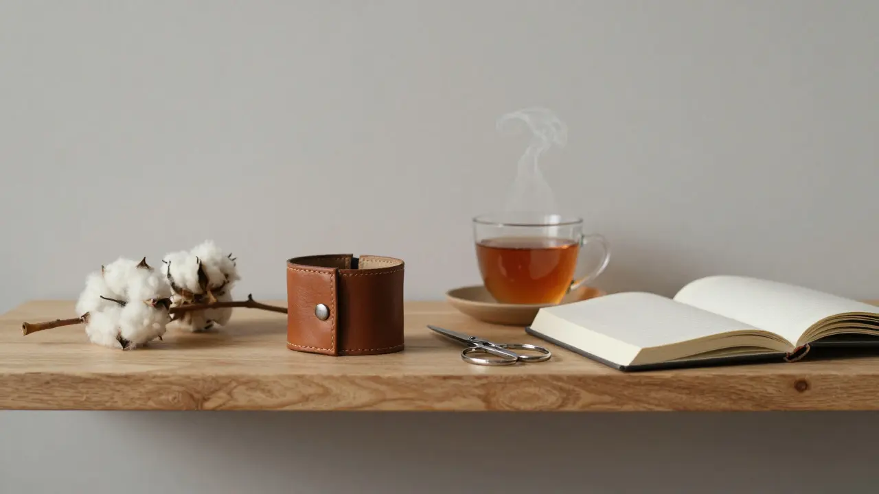 Minimalist shelf with rope, padded cuffs, safety scissors, and a cup of tea symbolizing aftercare.