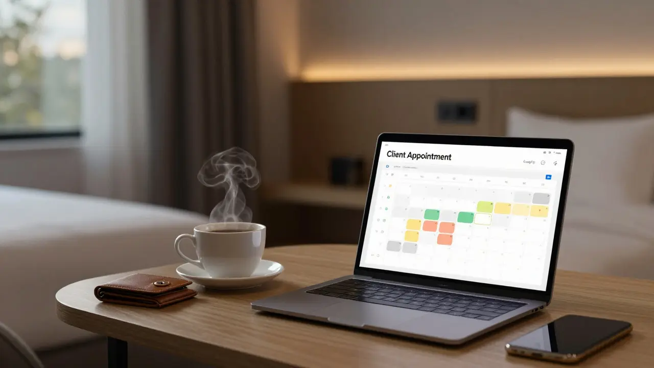 Modern hotel room with coffee and open laptop displaying a booking calendar in soft evening light.
