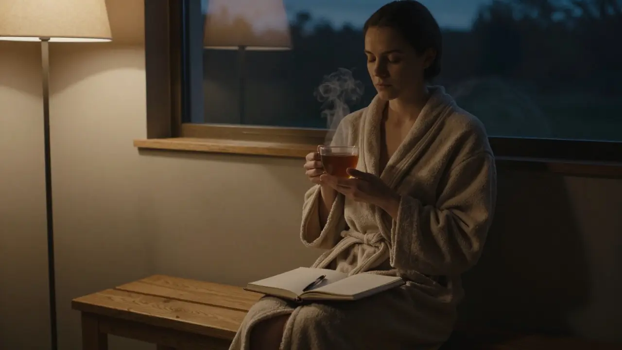 Person wrapped in a robe, holding tea after a massage, eyes closed in peaceful stillness.