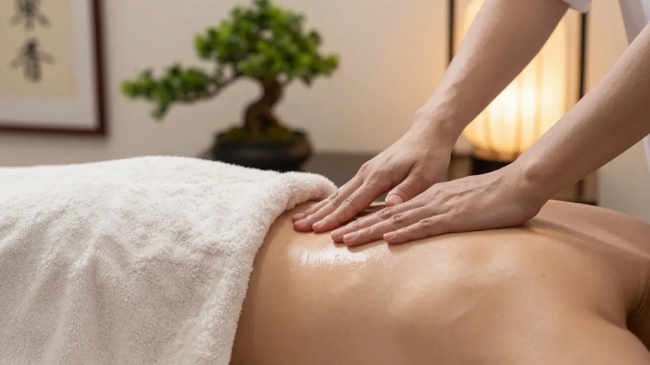Practitioner's hands using gentle, flowing strokes on a towel-covered back.