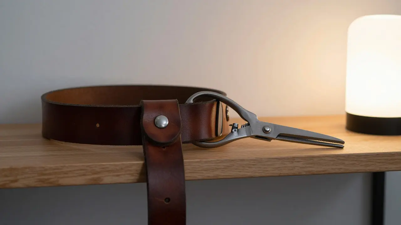 Safety shears and leather harness on a wooden shelf with soft light.