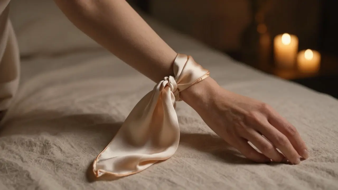 Silk scarf gently tied around a wrist in candlelit dimness.