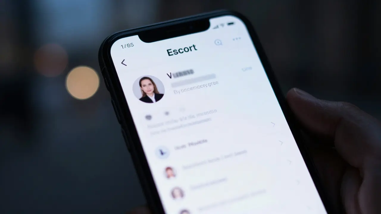 Smartphone screen showing a discreet professional profile with blurred details.