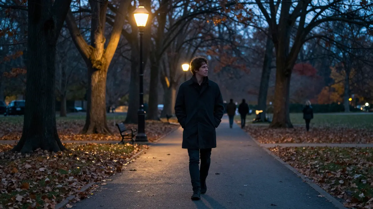 Someone walking peacefully through Victoria Park at dusk under soft streetlights.
