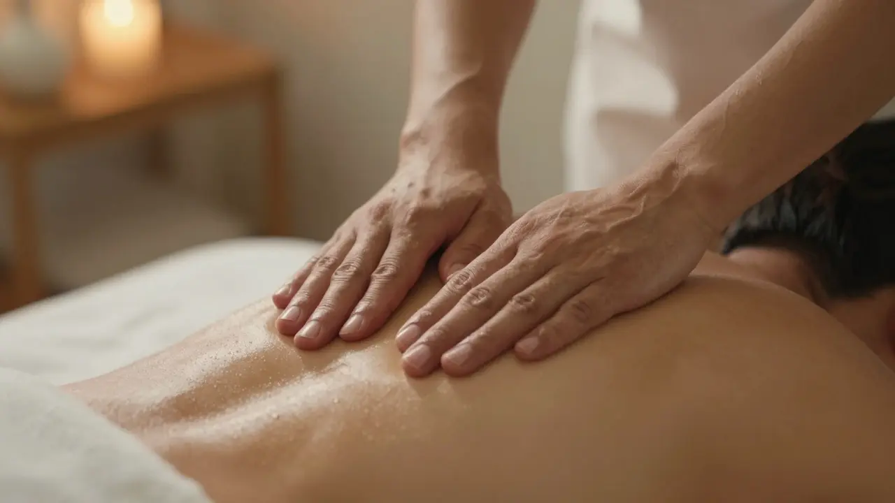 Therapist's hands applying gentle pressure with oil to a person's upper back, muscles releasing under skilled touch.