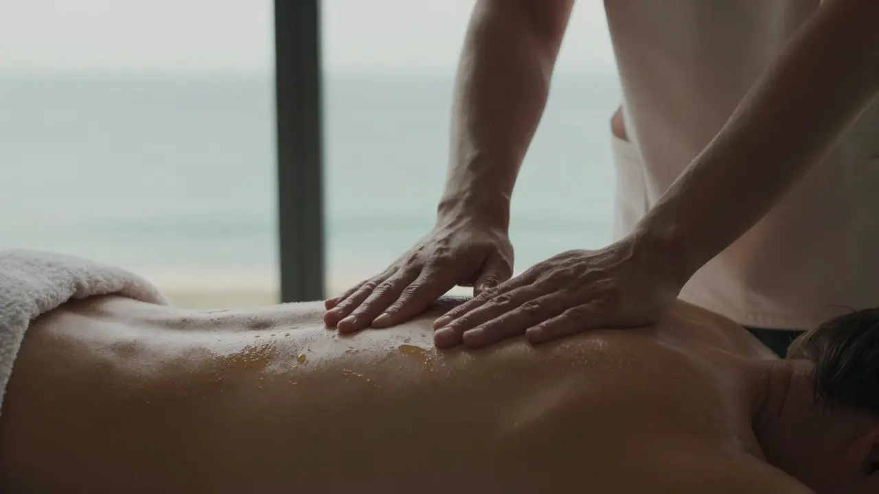 Therapist's hands gently massaging a client's back with ocean view through the window.