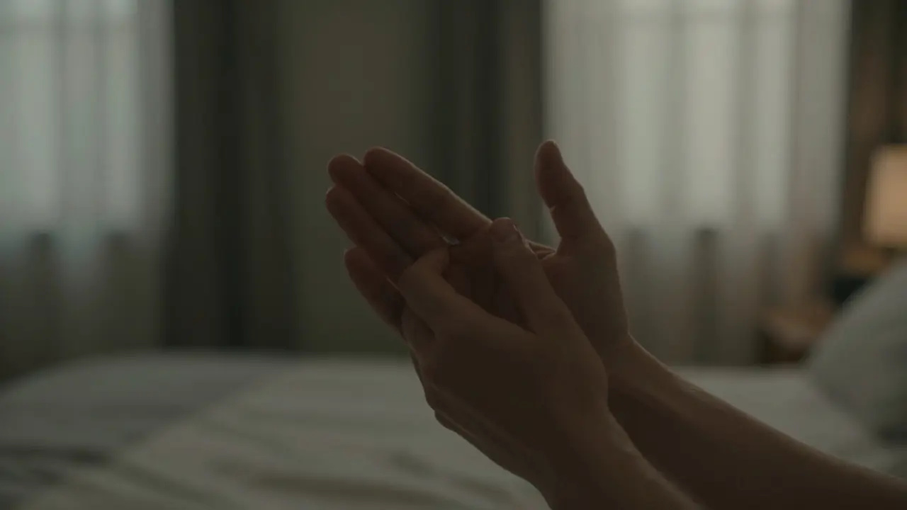 Two hands gently touching, finger tracing palm in dim, intimate light.