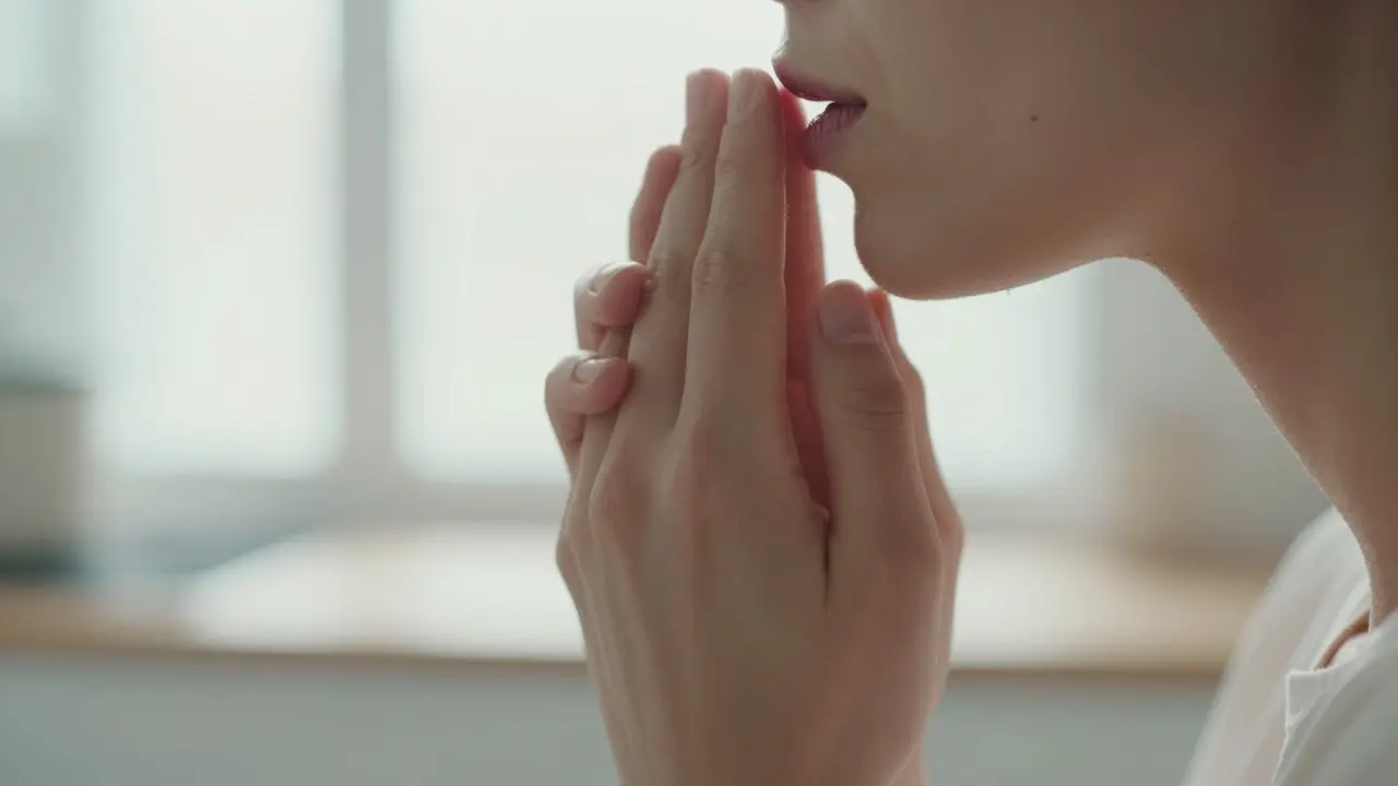 Two hands holding as lips gently touch, morning light filtering through a window.