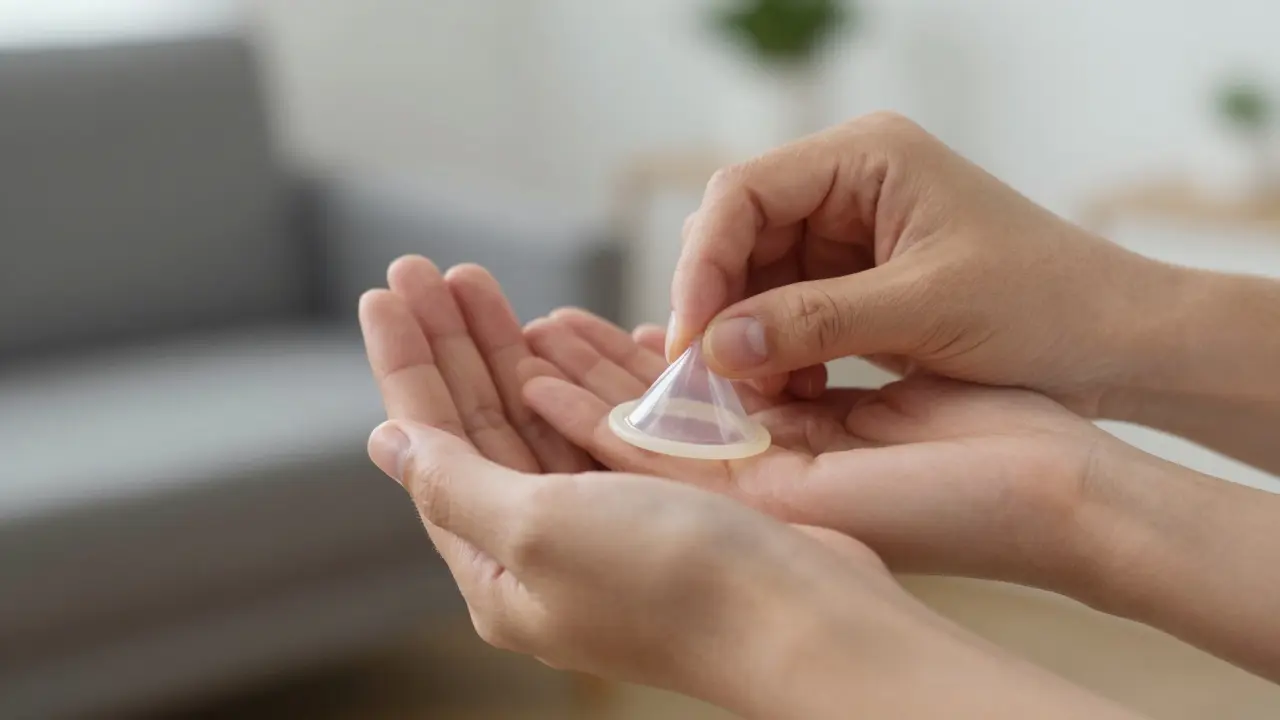 Two hands holding each other, one gently holding a dental dam, symbolizing consent and care.