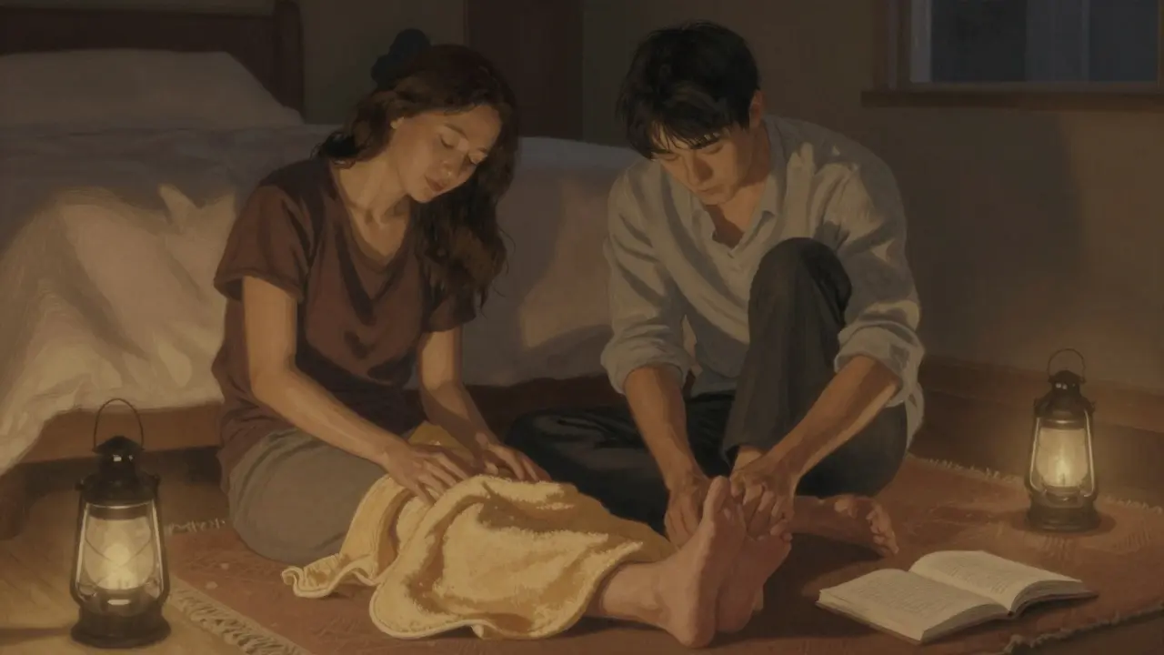 Two people sitting together, one gently massaging the other's foot in a calm nighttime setting.