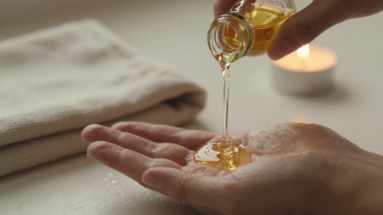 Warm oil being poured onto a hand with a towel and candle in the background, natural lighting, intimate and calm scene.