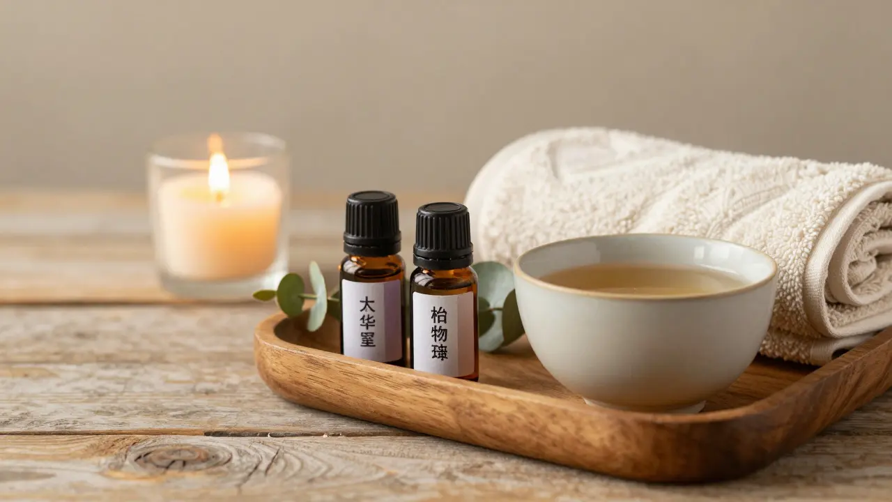 Wooden tray with essential oil bottles, warm towel, and tea candle in soft lighting.