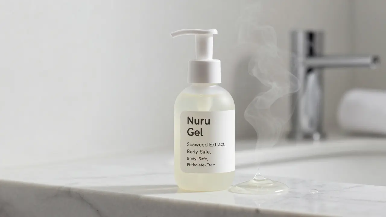 A close-up of a pump bottle of nuru gel labeled with seaweed extract and body-safe certification.