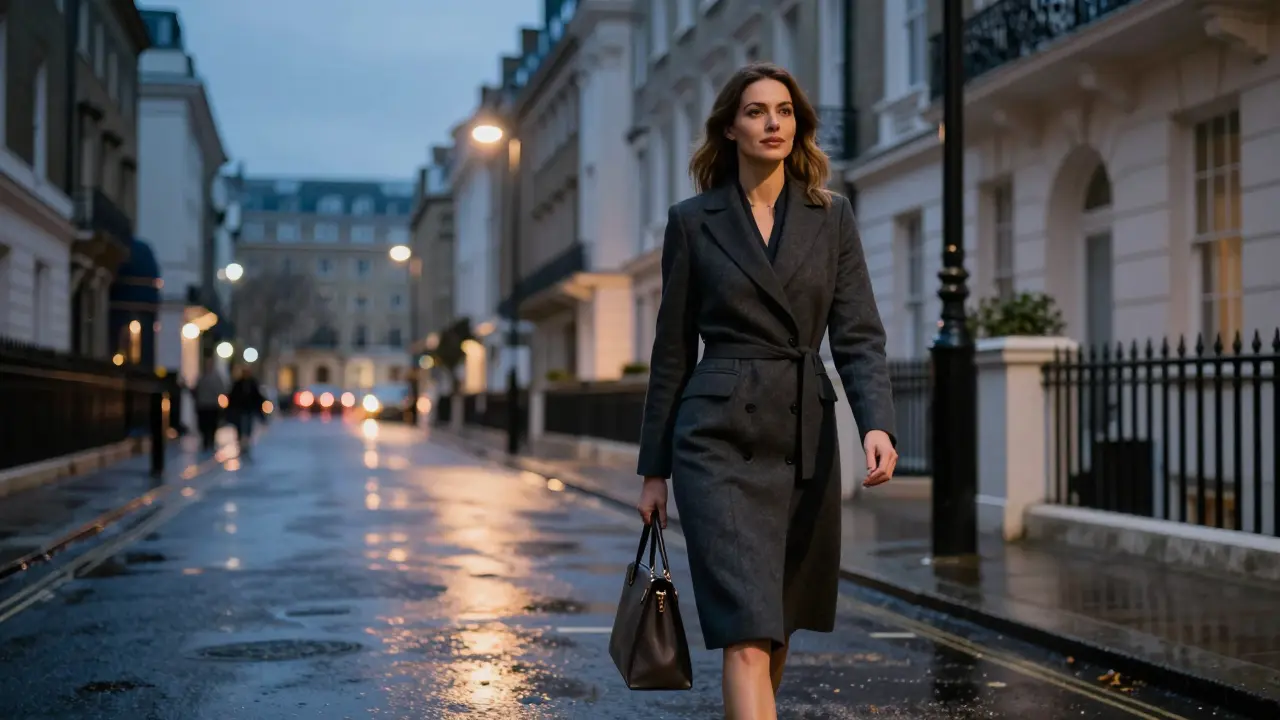 A composed woman walking confidently down a quiet Mayfair street at dusk, surrounded by elegant townhouses.