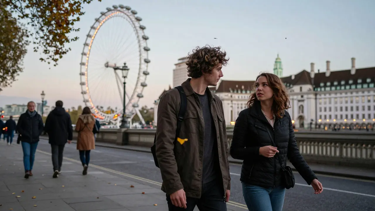 A couple walking along the Thames in Central London at twilight.