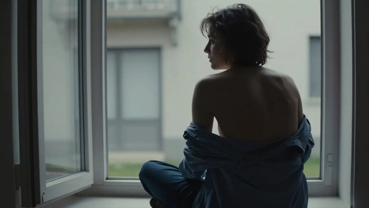 A figure on a windowsill in an open shirt, back turned, lit by natural sunlight.
