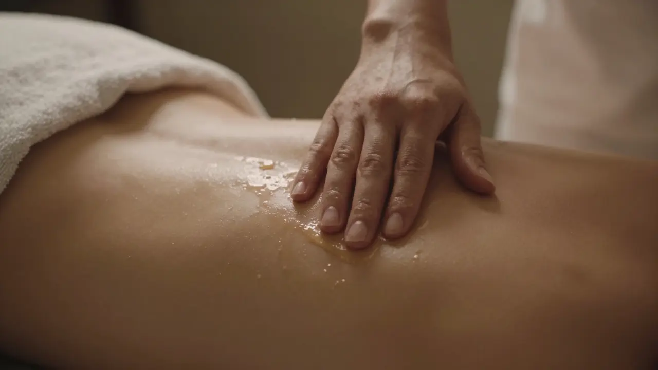 A hand applying oil to a back covered by a thin sheet, soft focus and warm tones.
