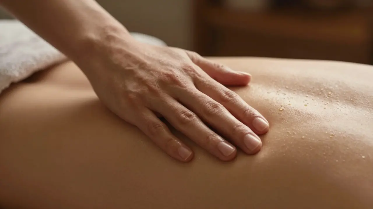 A hand gently touching a bare back with oil shimmering under soft golden light.