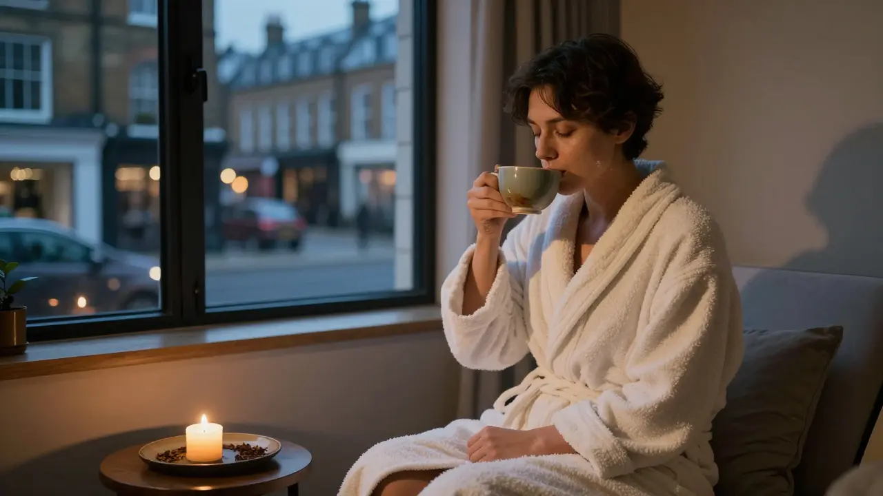 A person in a robe sipping tea in a quiet lounge, candlelight glowing softly as twilight fades outside.