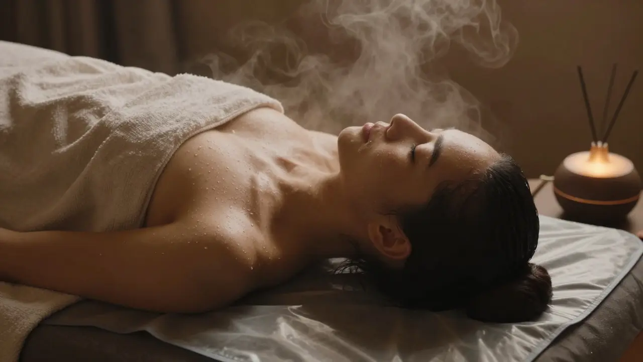 A person lying alone on a massage mat, smiling softly, with water droplets on their skin after a nuru session.