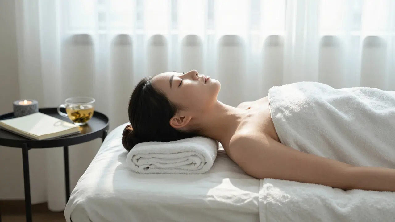 A person lying peacefully on a massage table, covered with a towel, eyes closed.