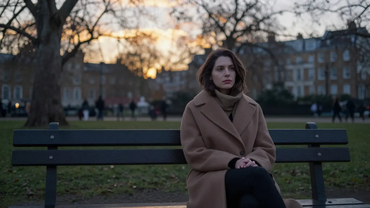 A person sitting alone on a park bench at dusk, looking peaceful and reflective.