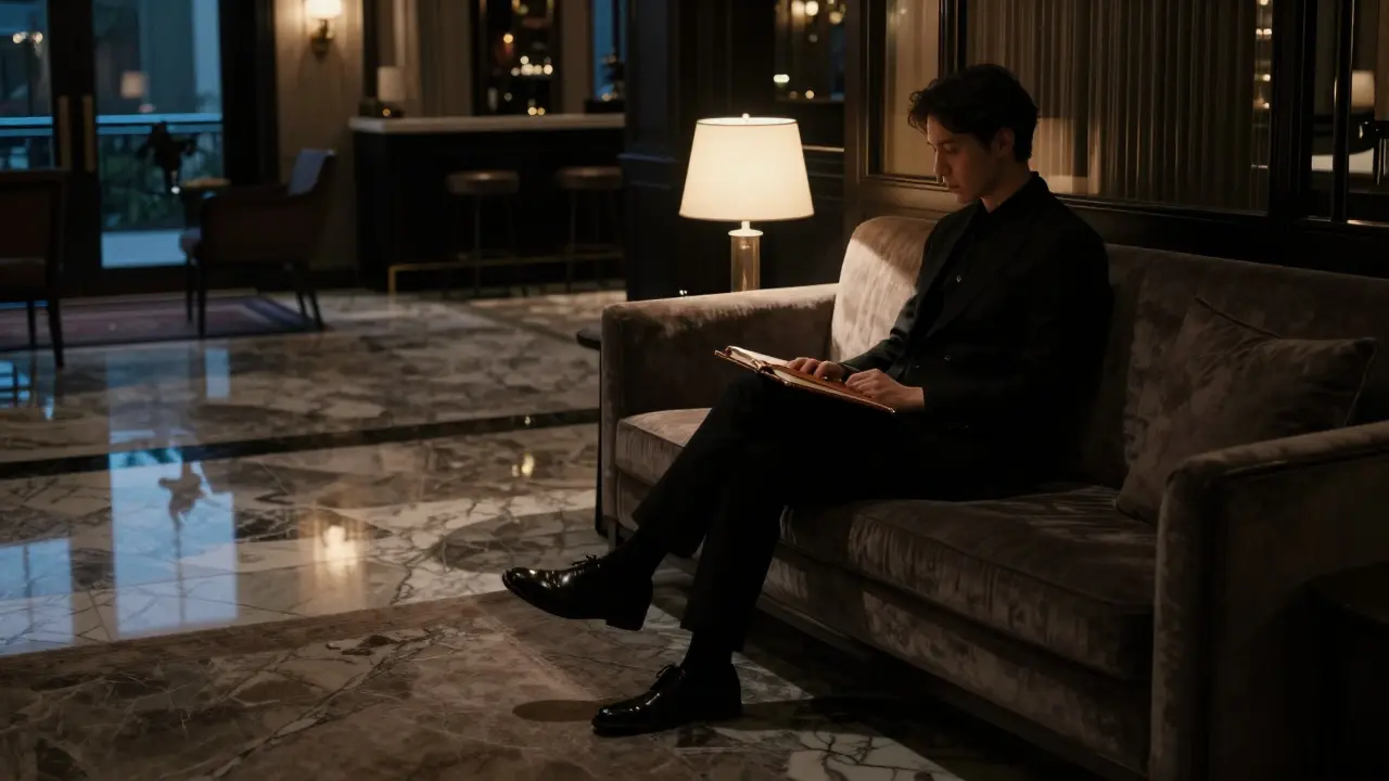 A person waiting alone in a luxurious hotel lobby at dusk, serene and dignified.
