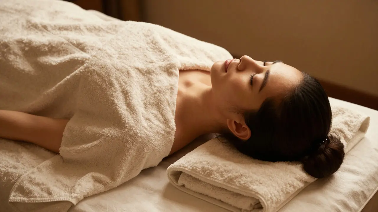 A person wrapped in a fluffy towel after a nuru massage, eyes closed in peaceful relaxation.