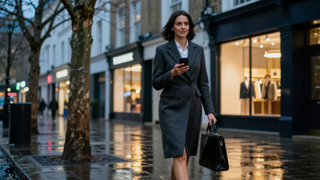 A professional woman walking confidently through North London at dusk, conveying independence and dignity.