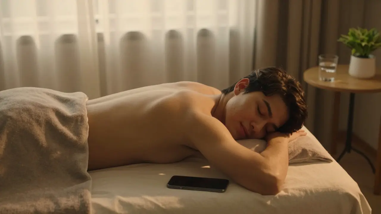 A relaxed millennial lying on a massage table with their phone beside them, eyes closed in calm.