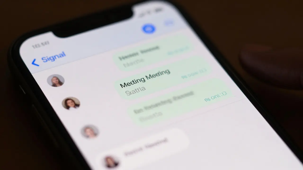A smartphone screen displaying encrypted messages about a meeting, with blurred text for privacy.