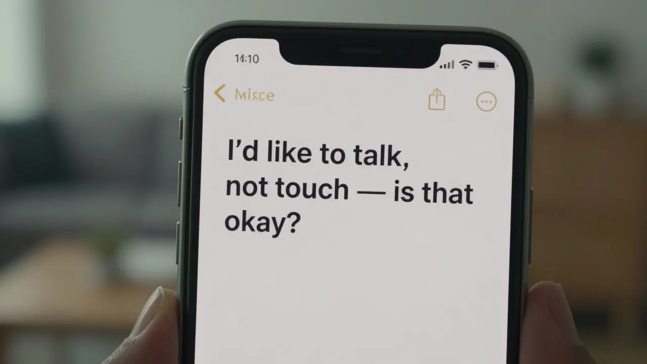 A smartphone screen showing a message about preferring talk over touch, in a calm interior setting.