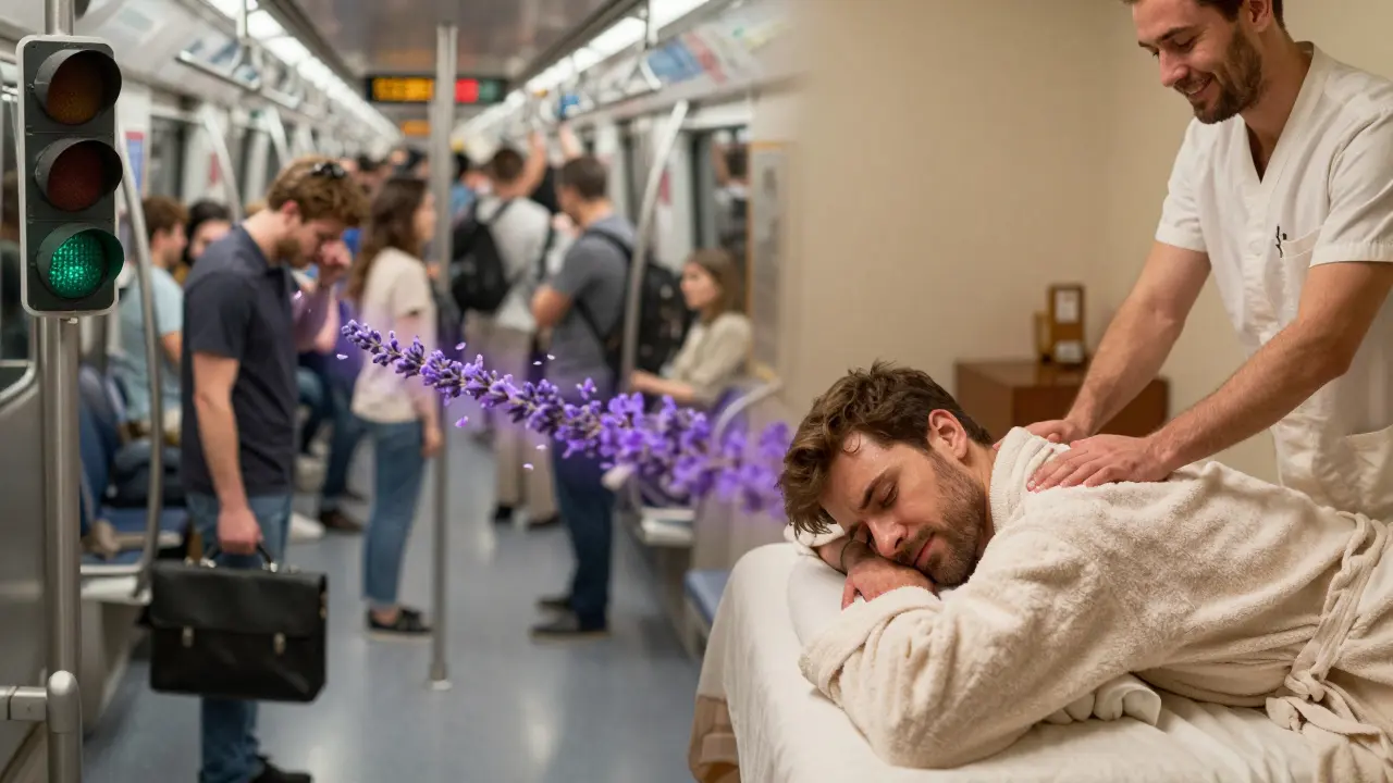 A split image contrasts a stressful commute with serene home massage, connected by lavender petals symbolizing peace.