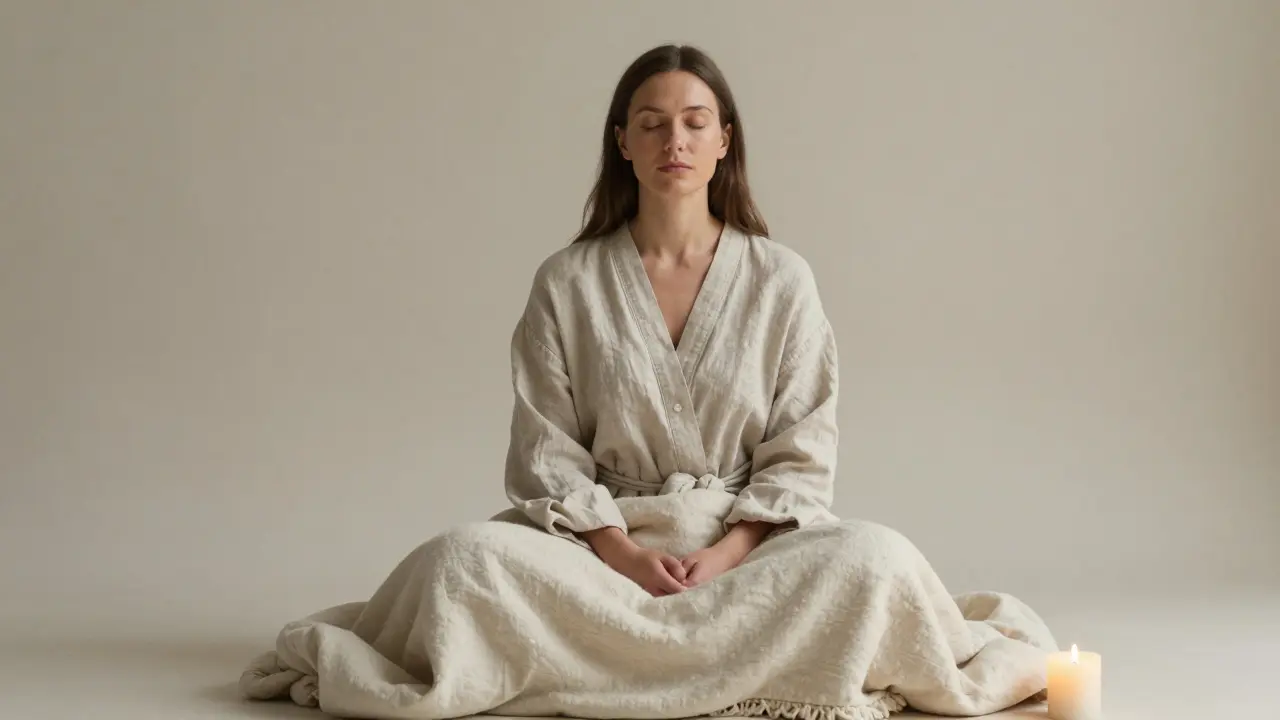A woman sitting quietly in a robe with a blanket, eyes closed, in a peaceful minimalist space.