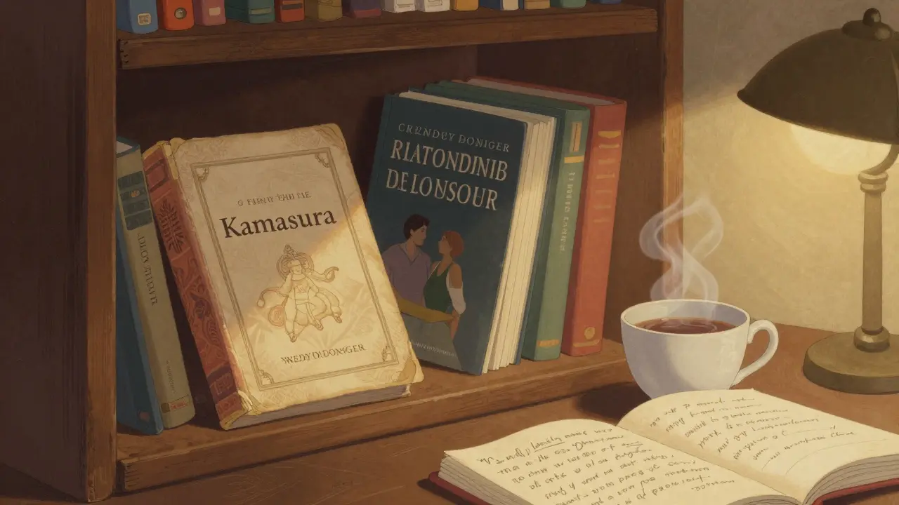 An old copy of the Kamasutra on a bookshelf beside modern relationship books.