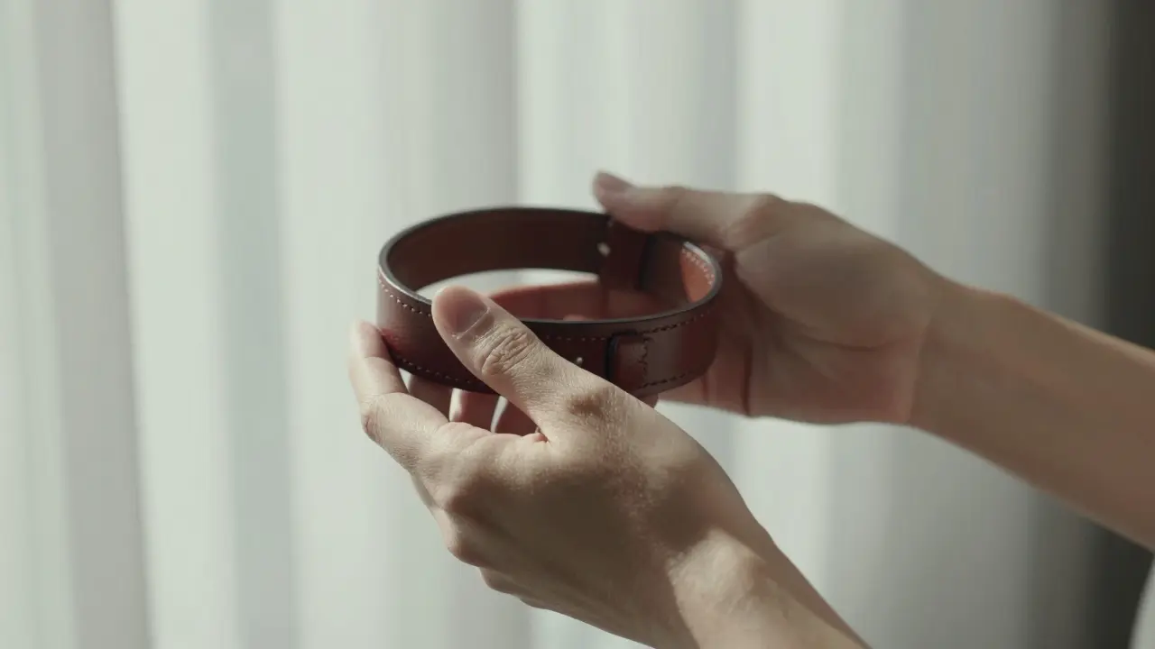 Elegant hands holding a leather collar in natural light, symbolizing trust and ritual.