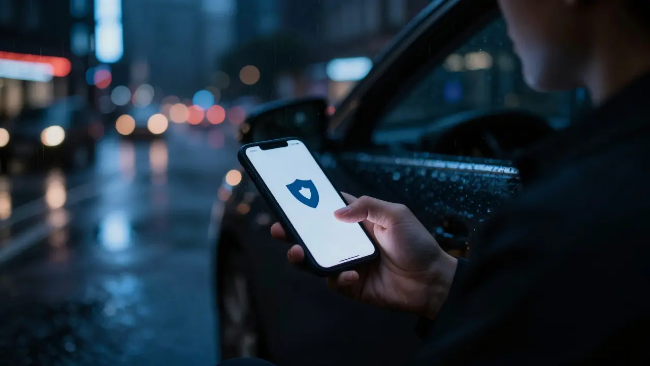 Escort using safety app in taxi to share location details.