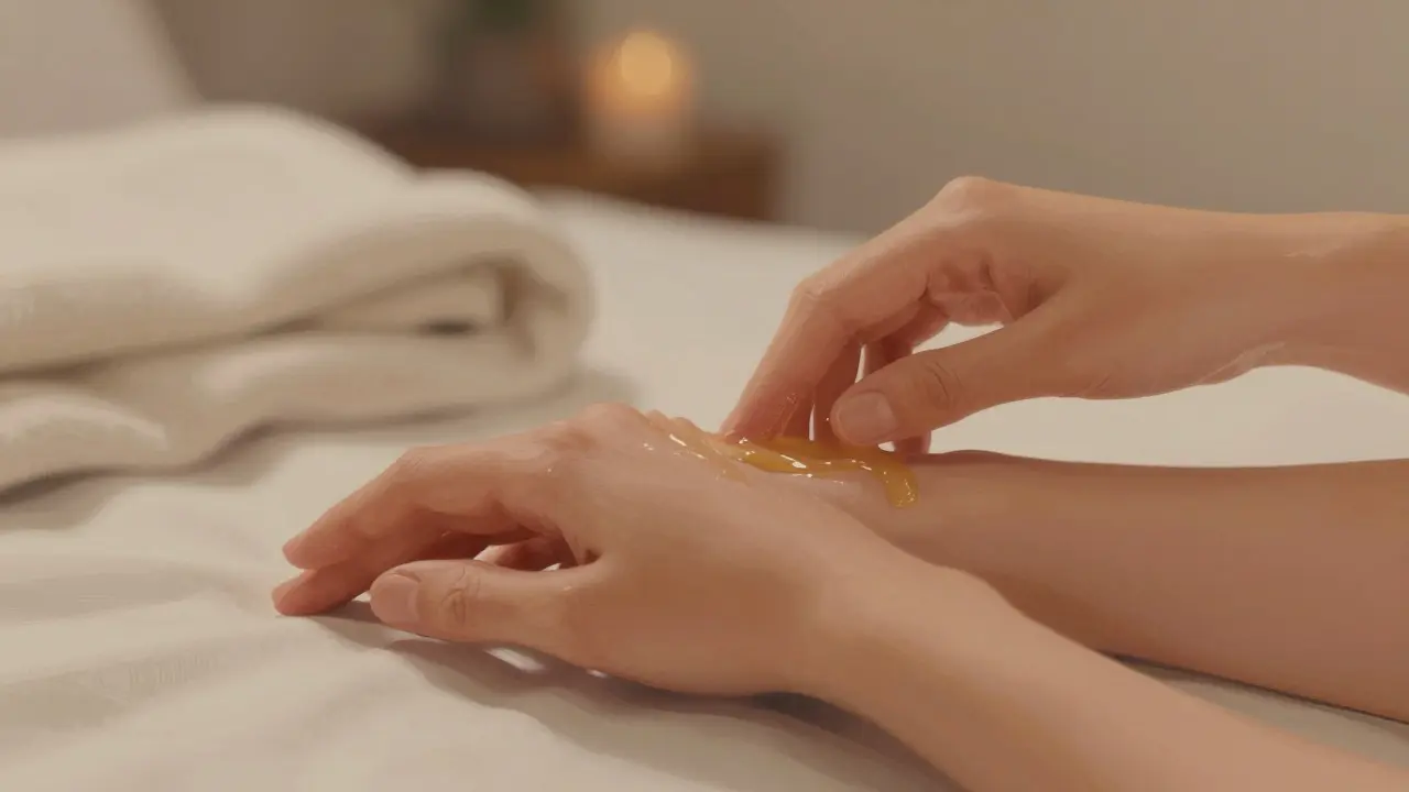 Gentle hands gliding in slow motion over a forearm, using natural oil with mindful touch.