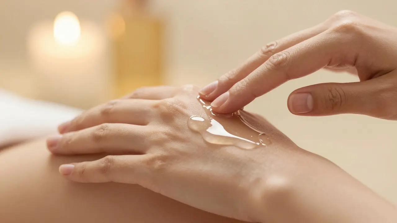 Hands gently applying slippery nuru gel to skin with warm, blurred background lighting.