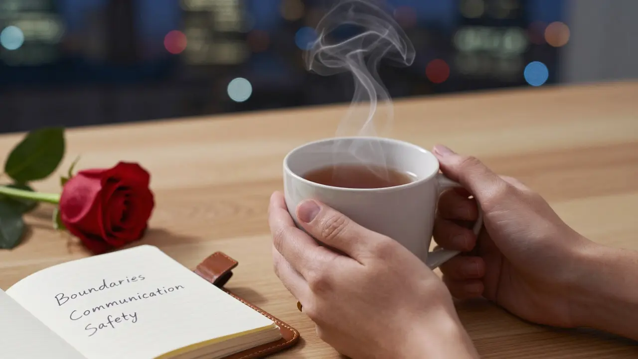 Hands holding a warm mug with soft city lights behind, beside a notebook and a single rose.