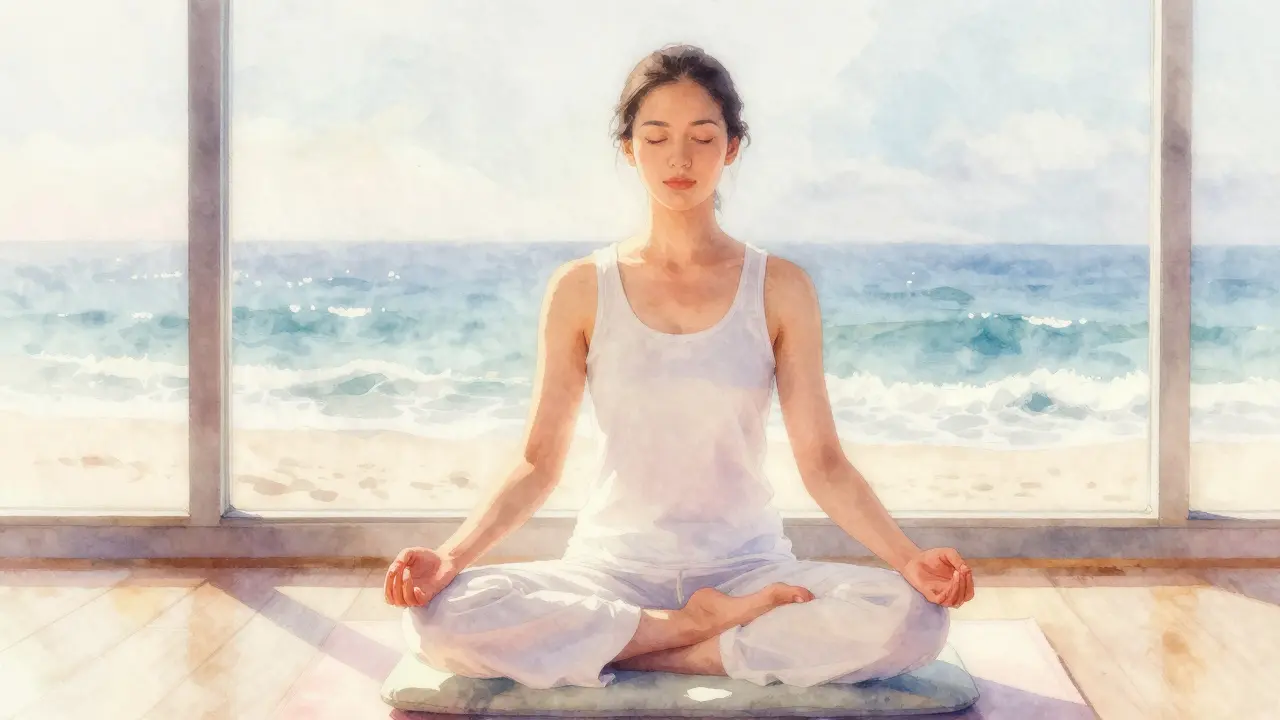 Person meditating in serene spa setting with ocean view.