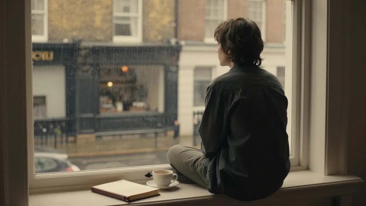 Person sitting by a window, looking outside with tea and journal.