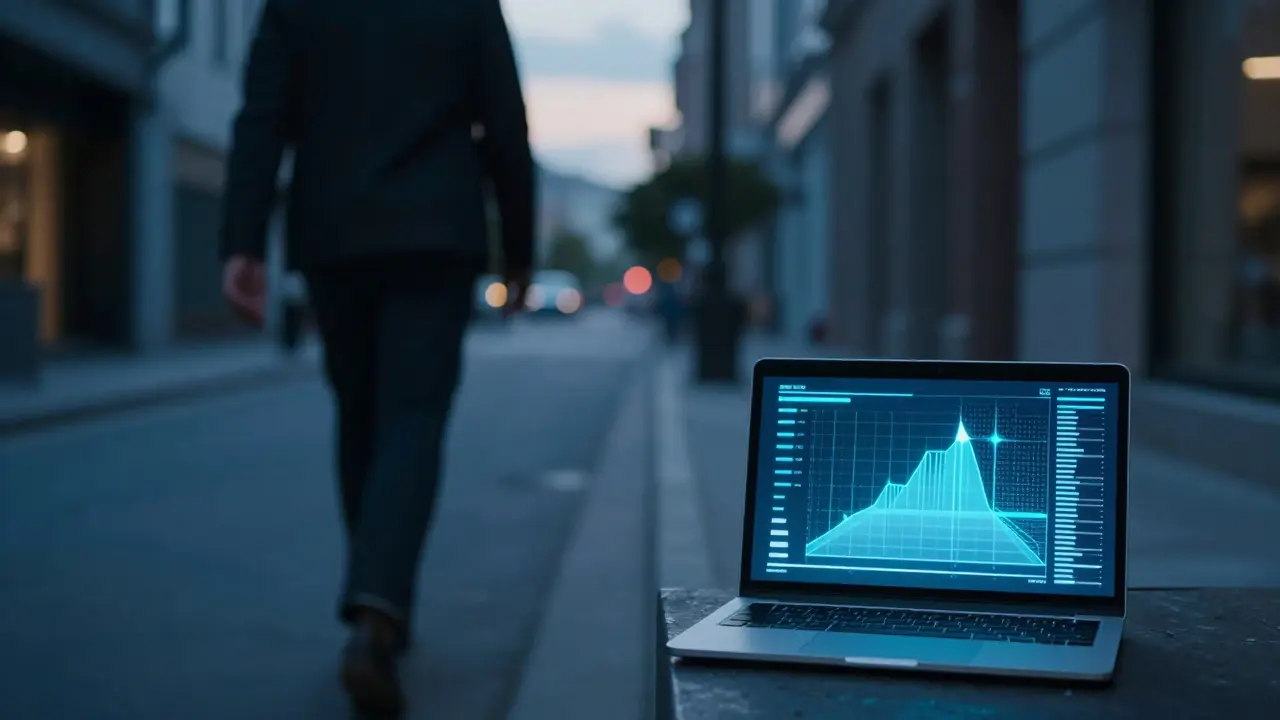 Person walking from laptop to well-lit street at dusk
