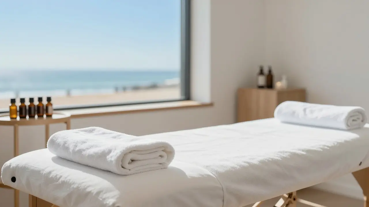 Prepared massage table with oils and coastal view in Brighton clinic.