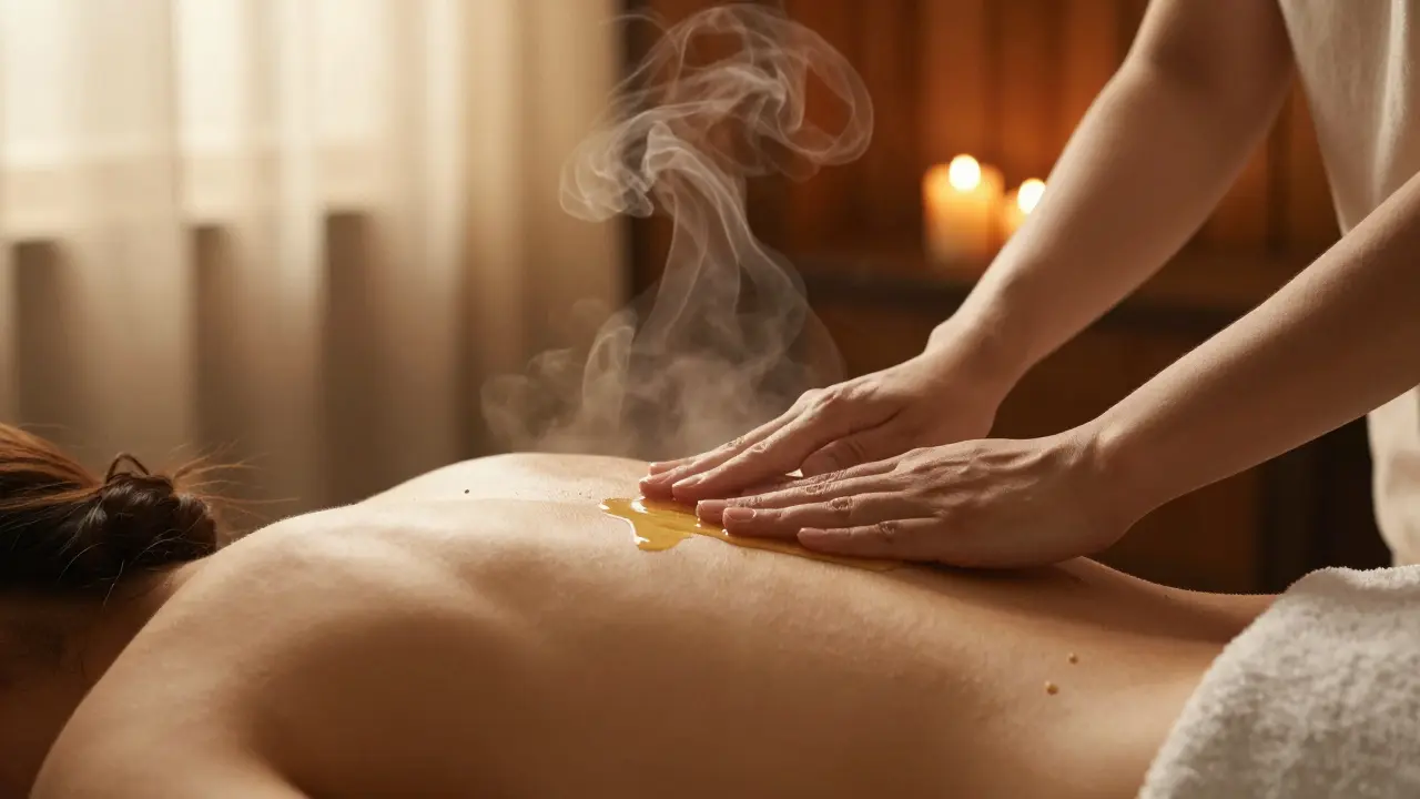 Therapist's hands applying warm oil to a back, with steam rising and golden ambient light creating a calming mood.